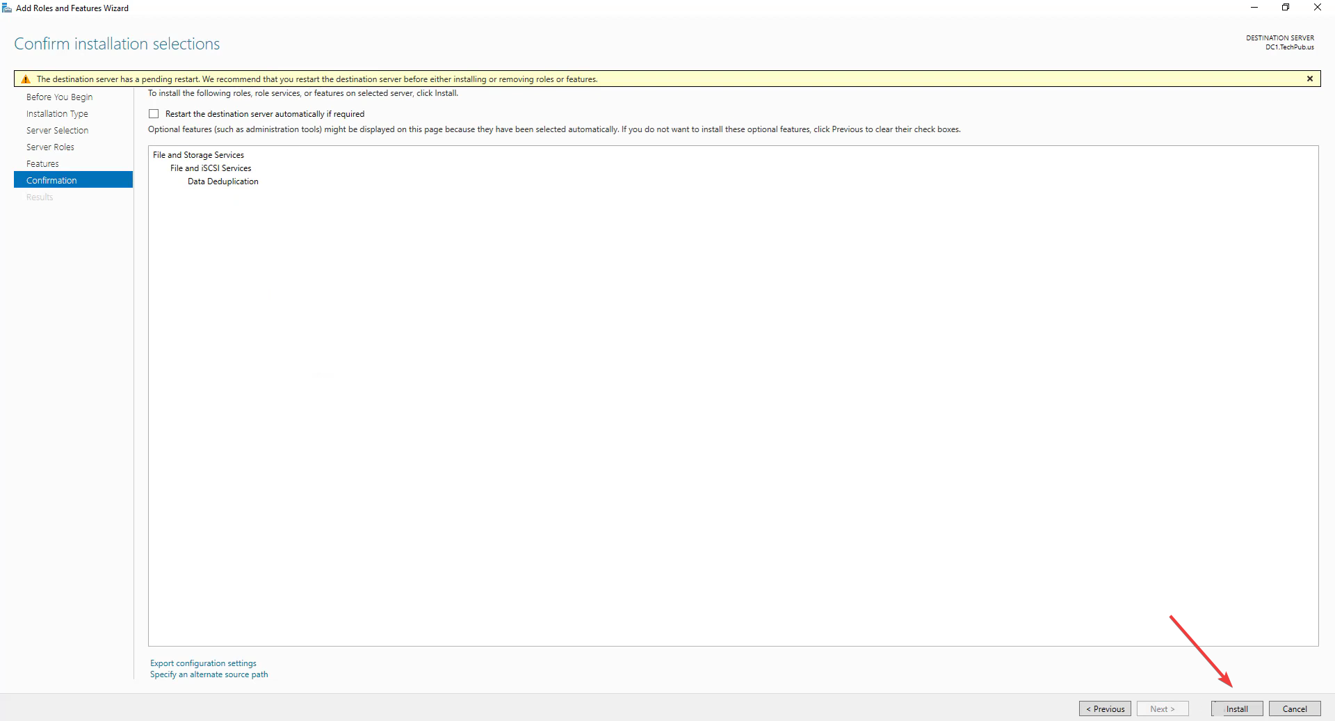Кнопка установки в Server Manager