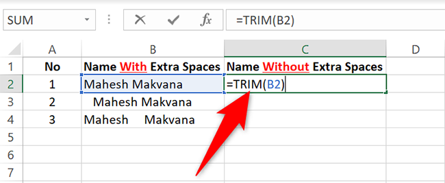 Ввод функции TRIM в ячейку