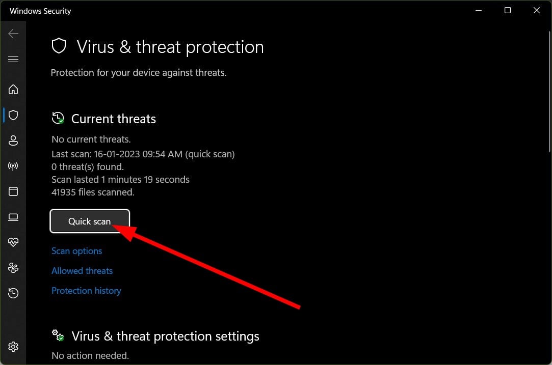 Кнопка запуска быстрой проверки на вирусы