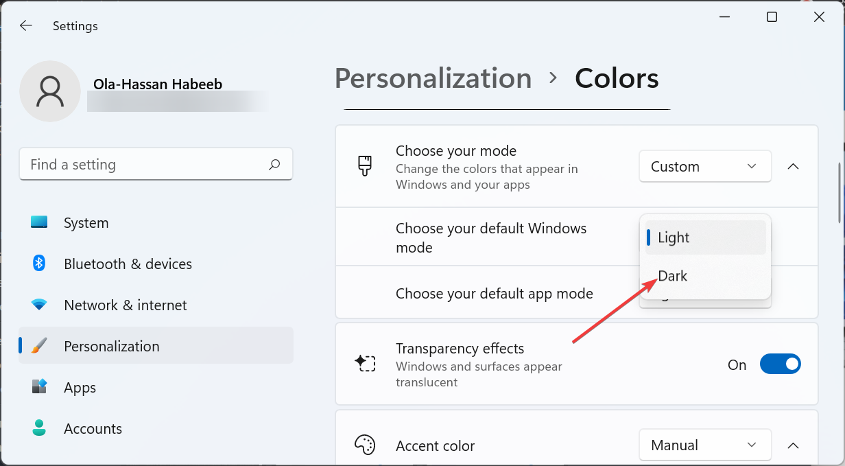 Выбор тёмного режима для Windows