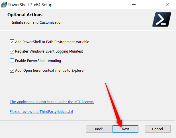 Выбор дополнительных опций установки PowerShell 7