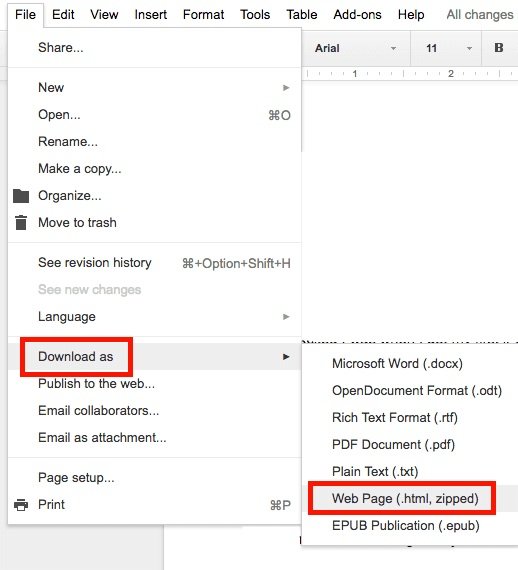 Menu Fichier > Télécharger > Page Web (.html, zippé)