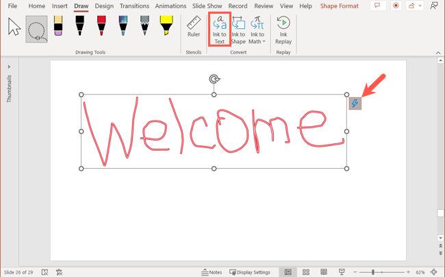 Ink to Text для выделенного текста в PowerPoint