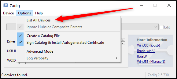 Выберите «List All Devices» в меню Options Zadig