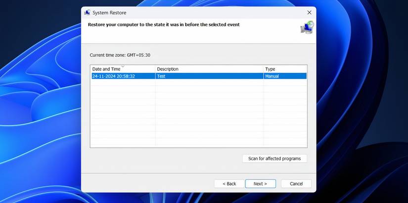 Окно восстановления системы с выбором точки восстановления