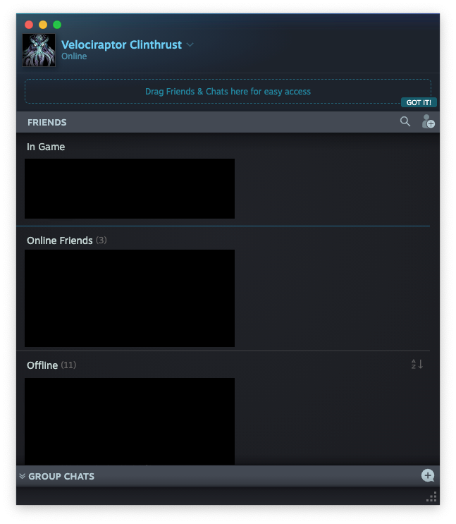 Окно списка друзей Steam с меню для пользователя.