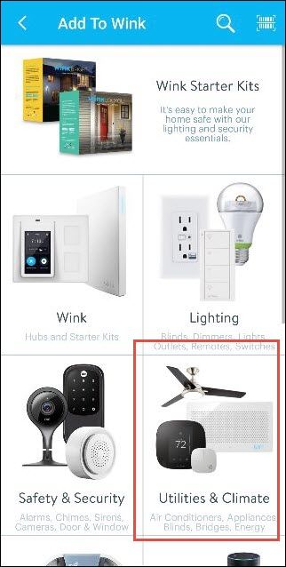 Опция Utilities & Climate в меню добавления устройства