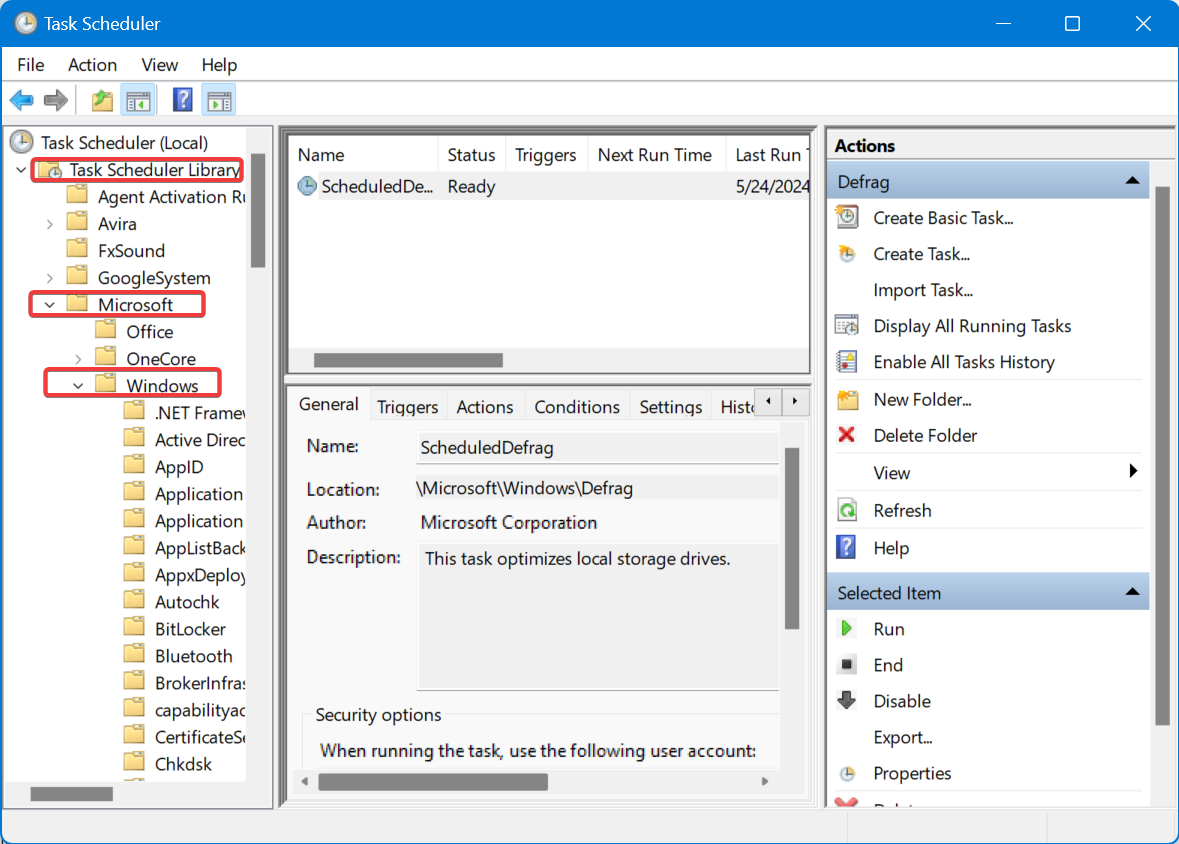 Меню Планировщика заданий с развернутой веткой MicrosoftWindows