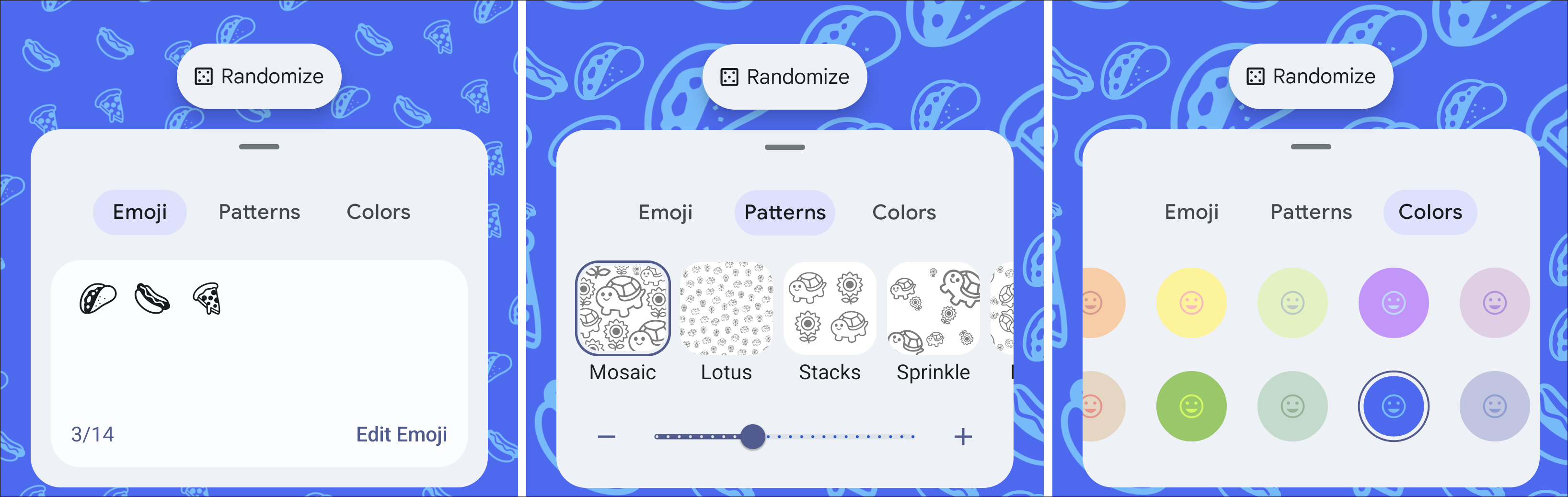 Выбор эмодзи, шаблона и цвета для обоев.