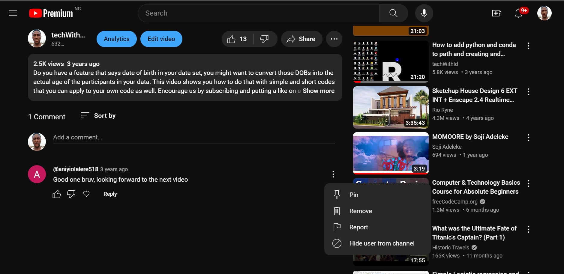 Опция скрыть пользователя с канала в меню комментария