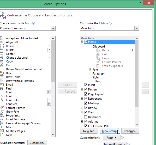 Кнопка Новая группа в диалоге Настроить ленту