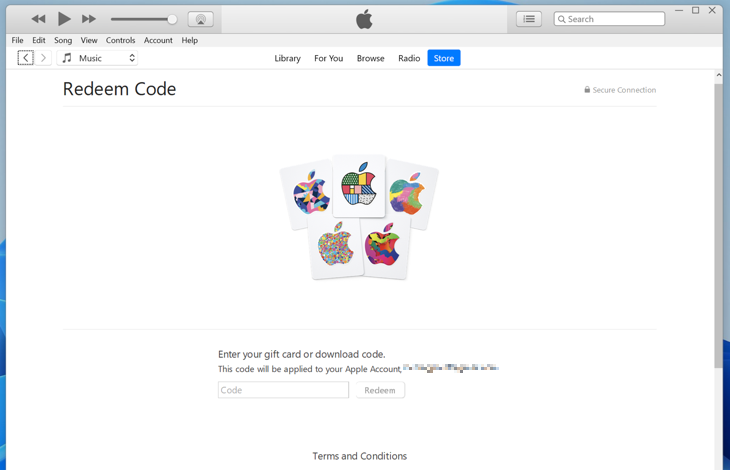 Введите код карты и нажмите «Redeem»