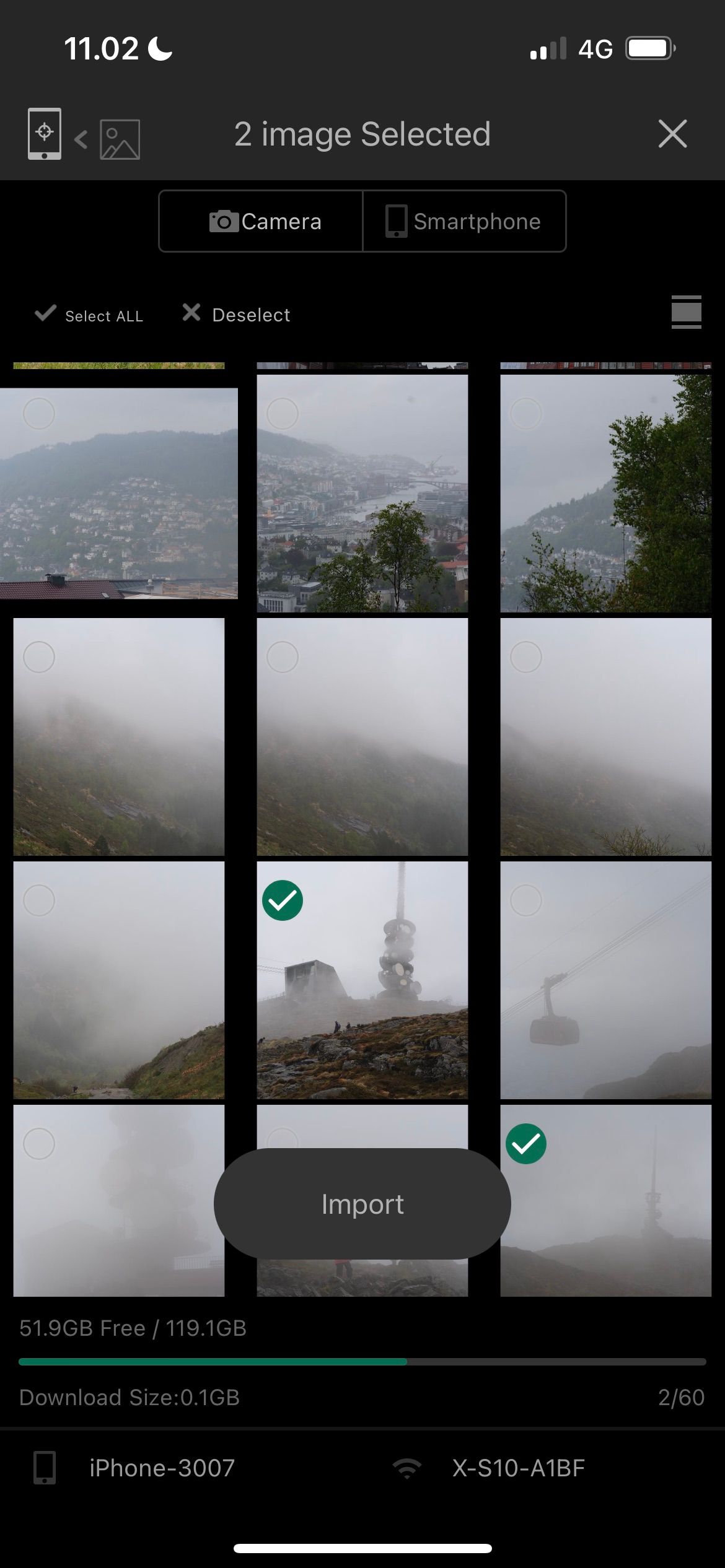 Выбор изображений для импорта — скриншот FujiFilm