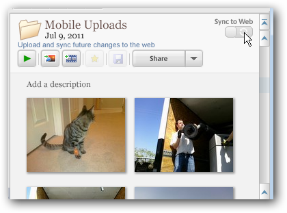 Кнопка синхронизации альбома Picasa с веб‑альбомами Google