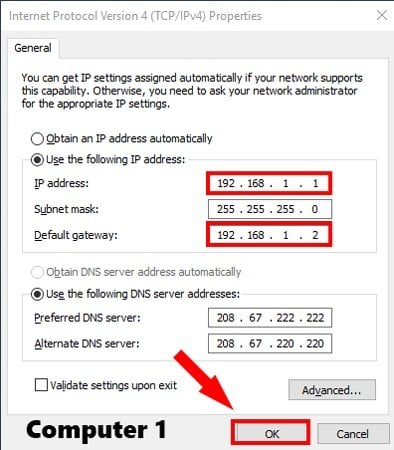Пример заполнения параметров IPv4
