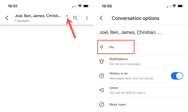 Мобильный экран: стрелка и опция «Закрепить»