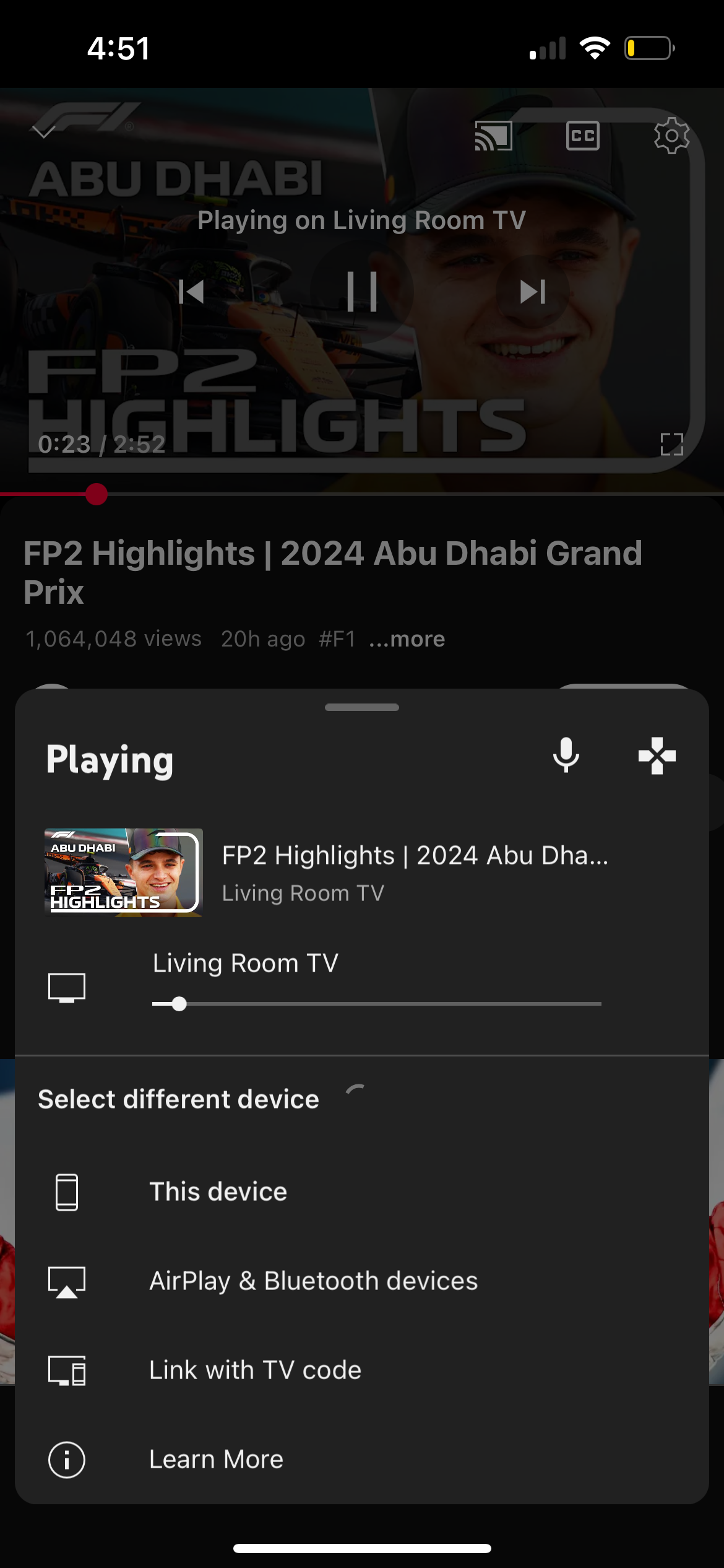 Меню кастинга YouTube при трансляции на телевизор