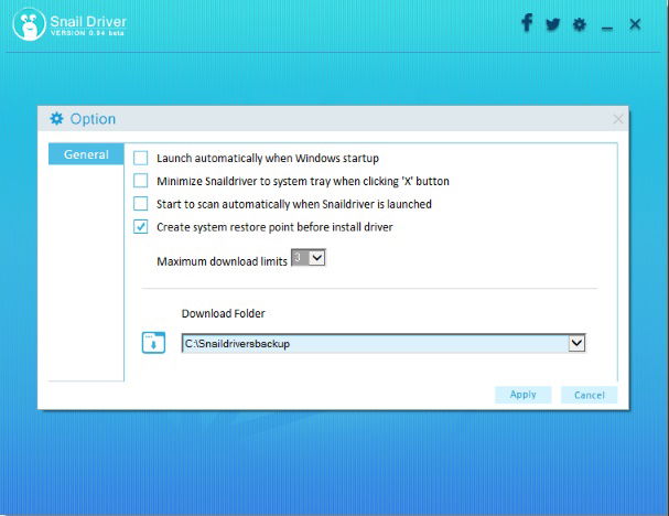 Страница настроек Snail Driver с опциями автозапуска и точки восстановления