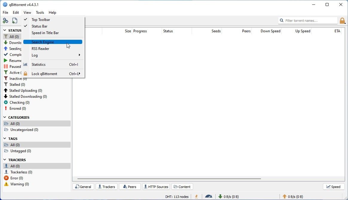 Окно qBittorrent: меню Вид и пункт Поисковая система