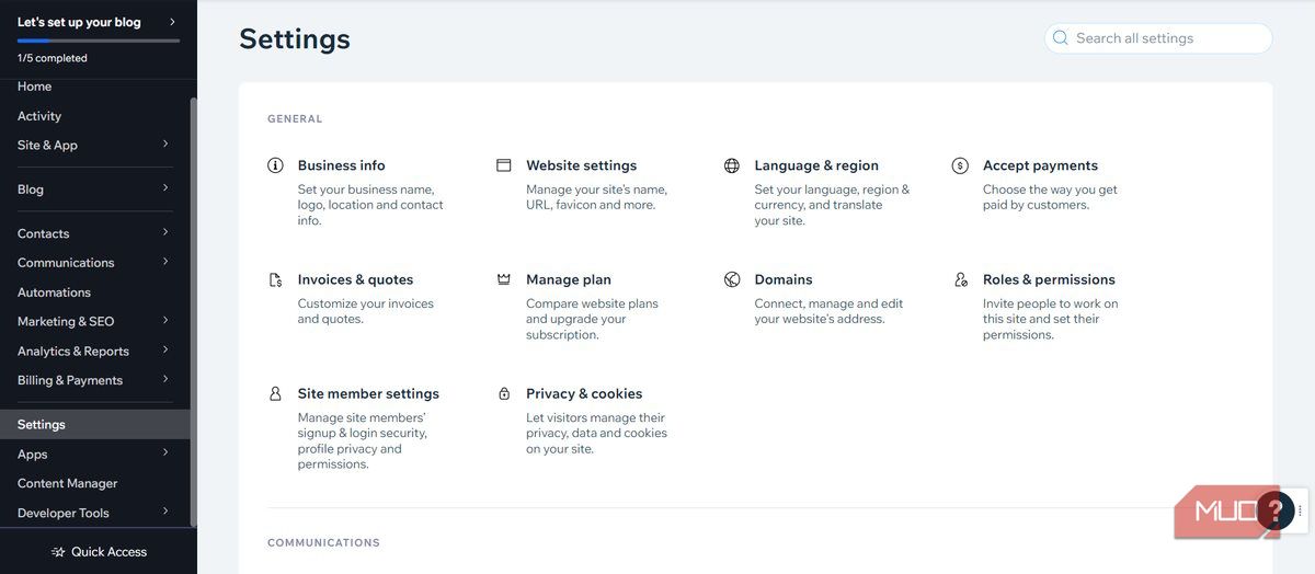 Открытие страницы «Settings» в интерфейсе Wix