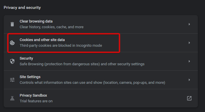 Cookies and other site data 設定画面