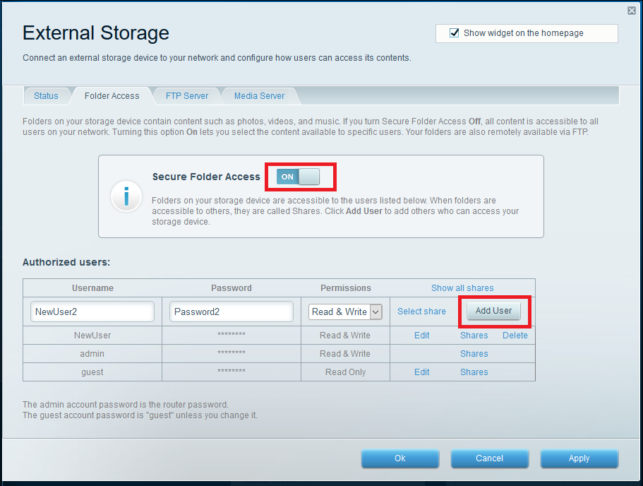 Управление доступом к папкам: создание пользователя, установка пароля и выбор расшаренных папок