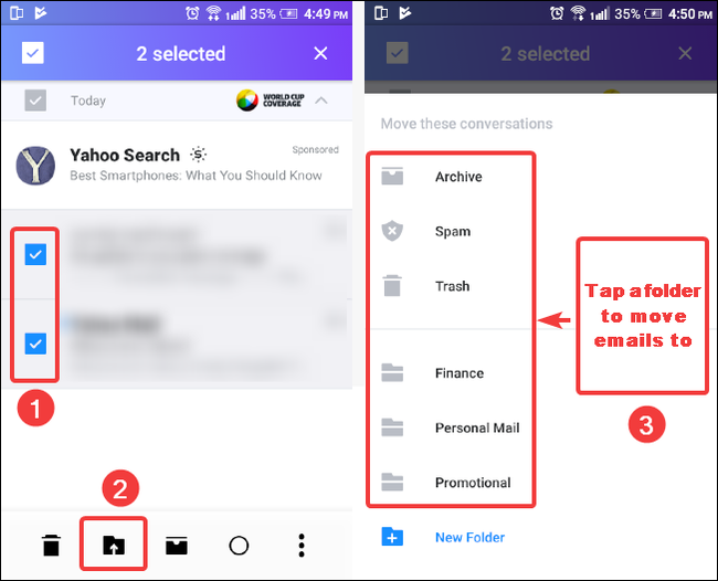 Выбор писем и перемещение их в папку в мобильном приложении