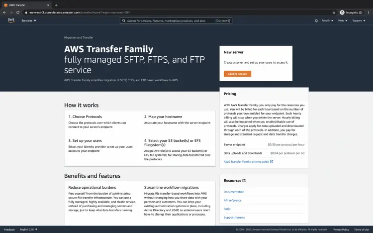 Панель AWS Transfer Family