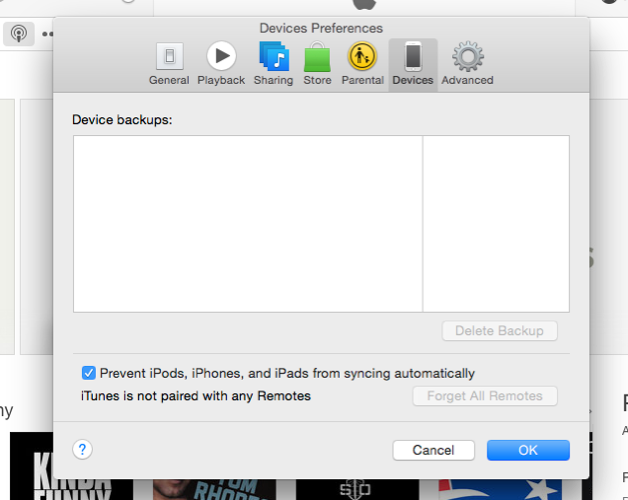 Настройки синхронизации iTunes — запрет автоматической синхронизации