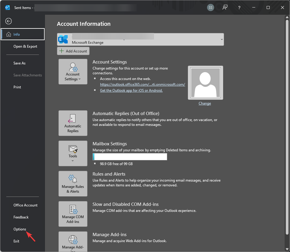 Параметры Outlook