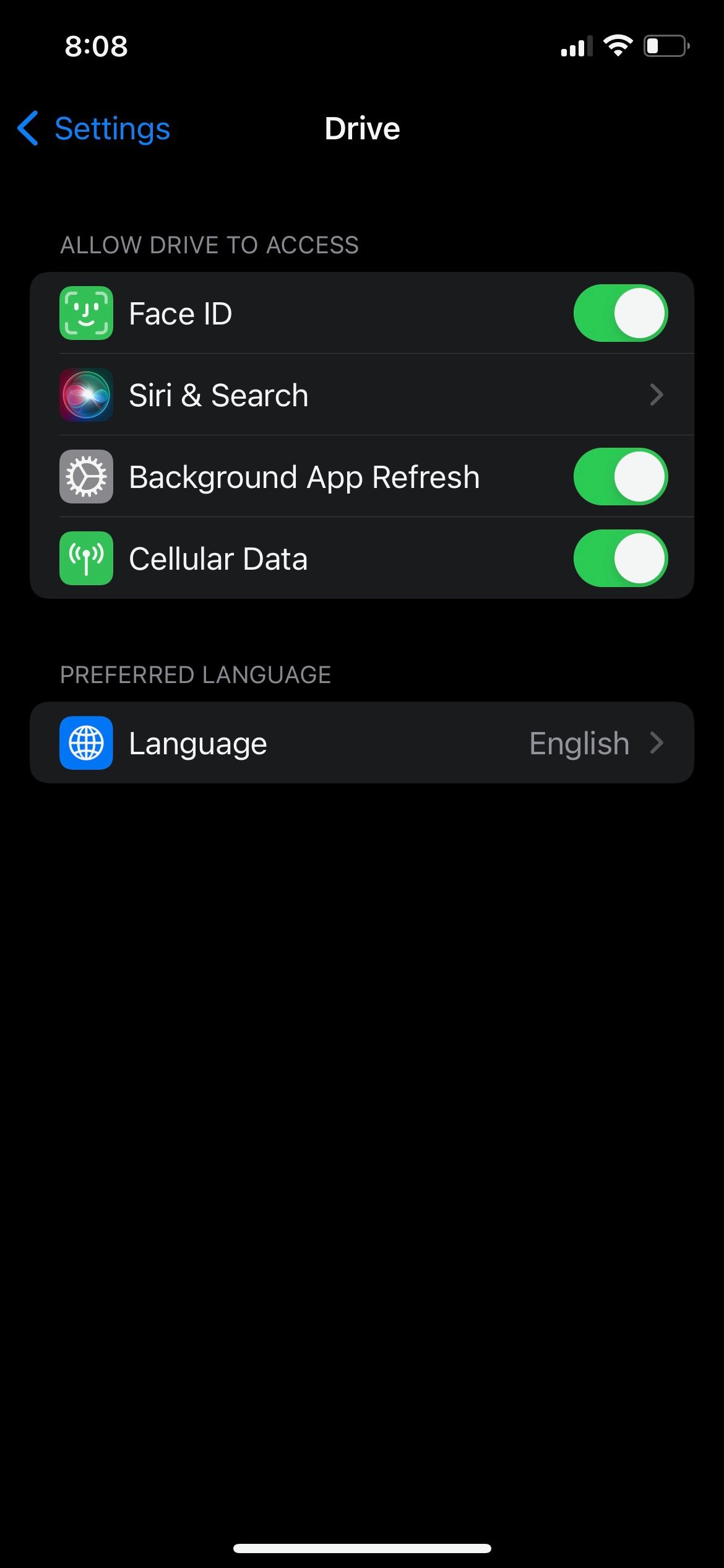 Параметры Google Drive в системных настройках iPhone