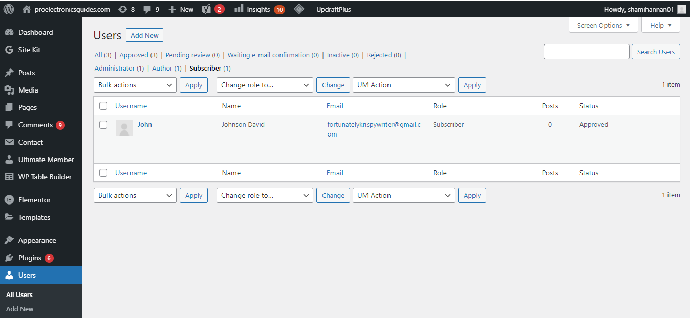Список пользователей в администраторской панели WordPress