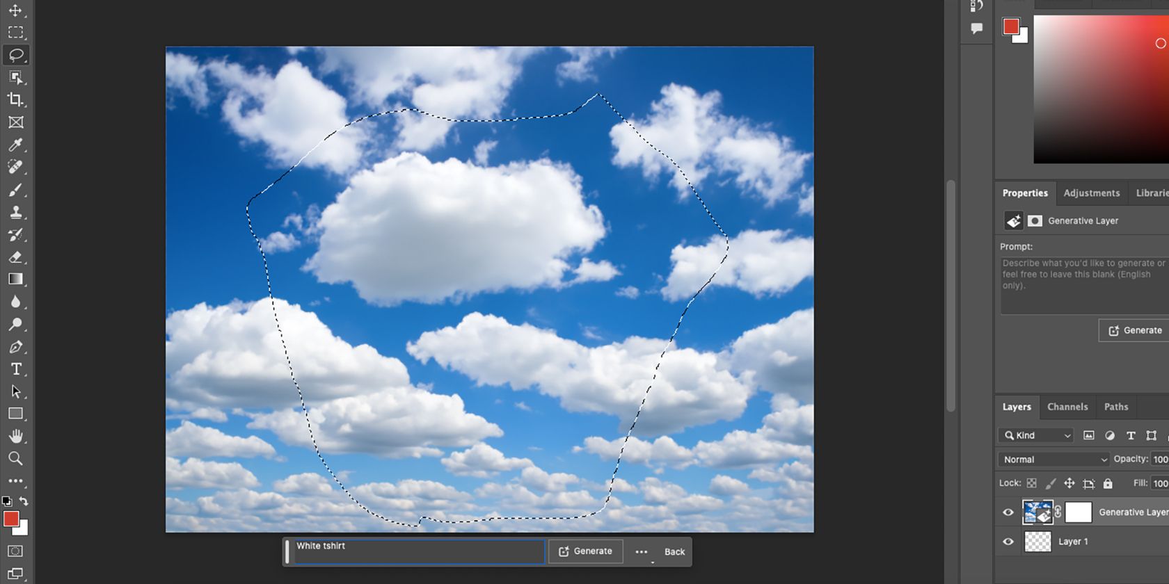 Инструмент Lasso в Photoshop Beta с окном промпта Generative Fill.