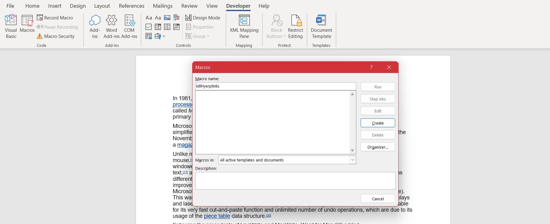 Создание макроса в Word — окно создания