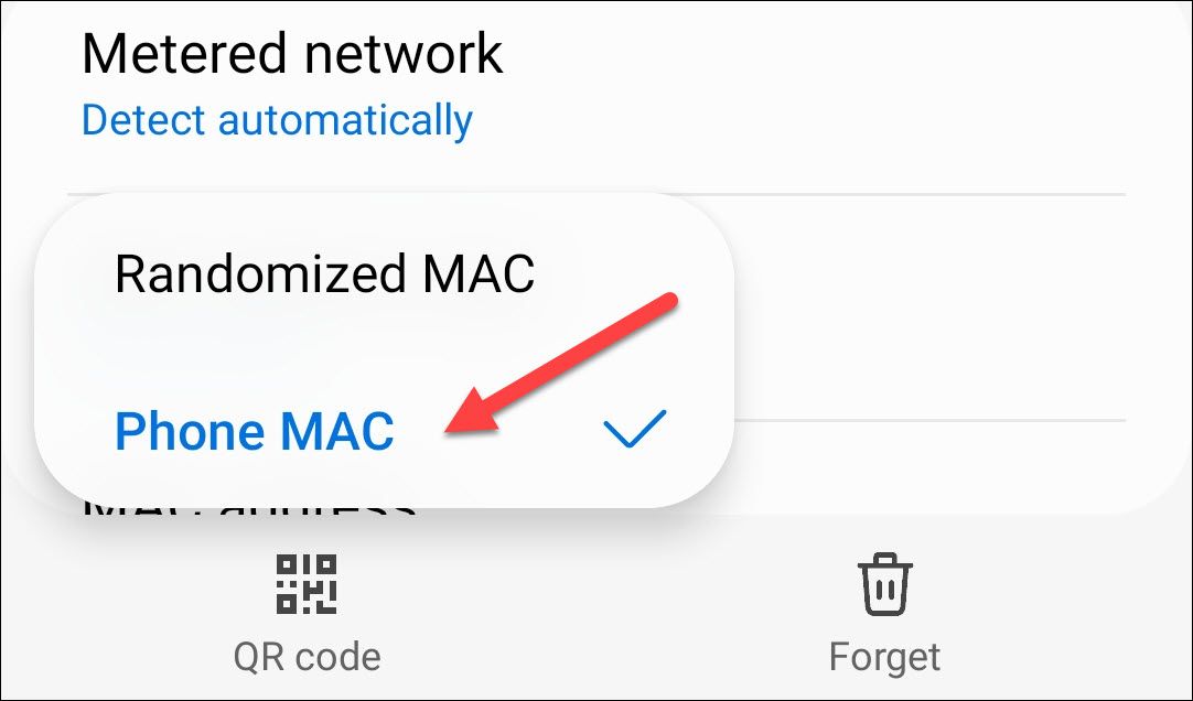 Меню конфиденциальности Wi‑Fi с опцией типа MAC‑адреса