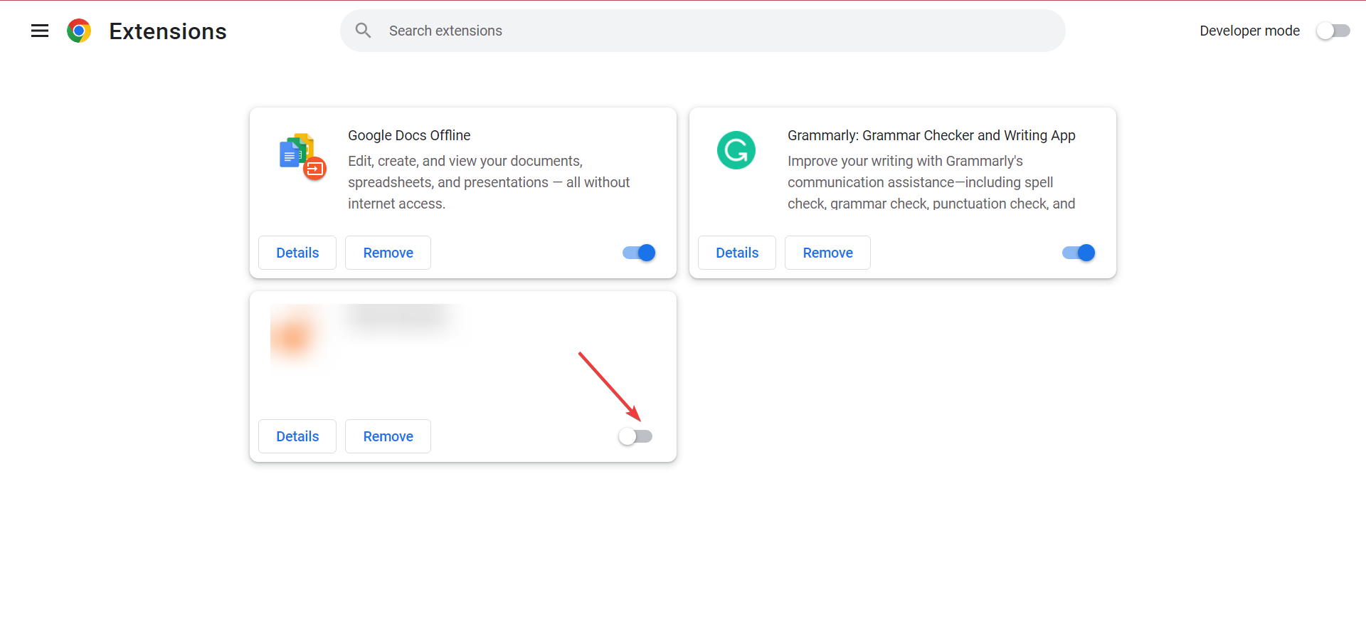 Отключение расширения в списке расширений Chrome