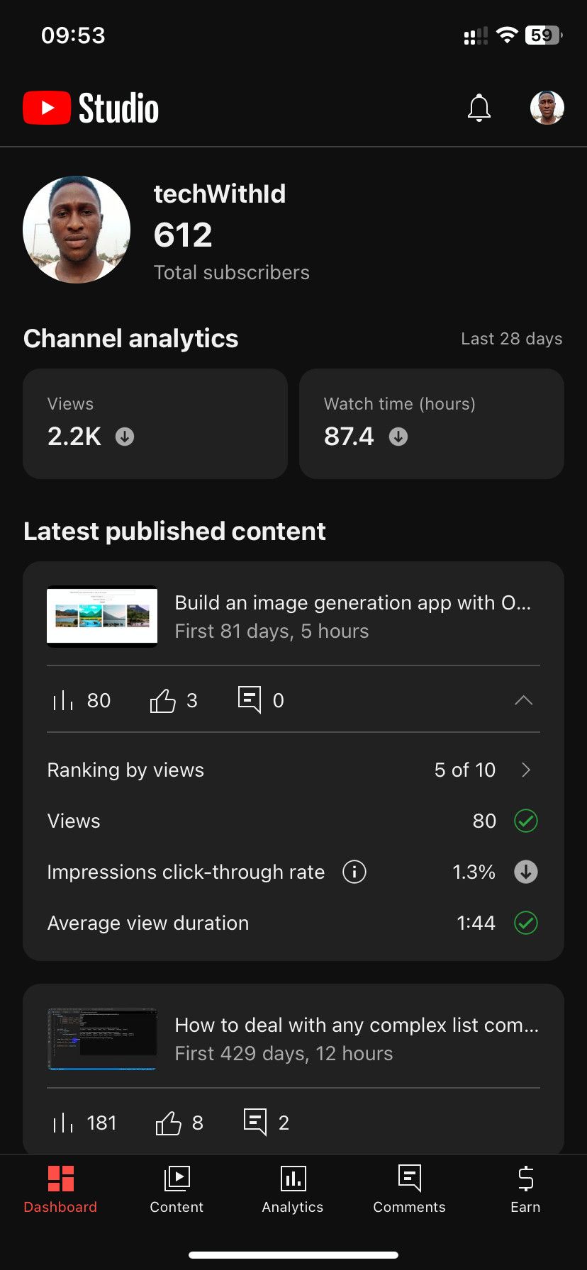Обзор подписчиков в мобильном YouTube Studio