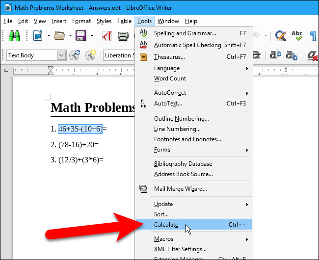 Выбор Tools > Calculate в меню