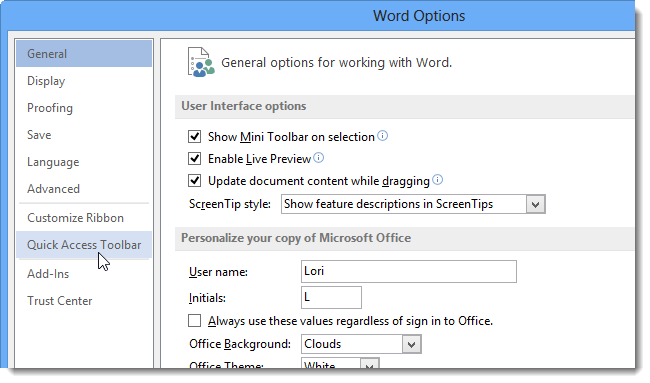 Открыто окно параметров Quick Access Toolbar