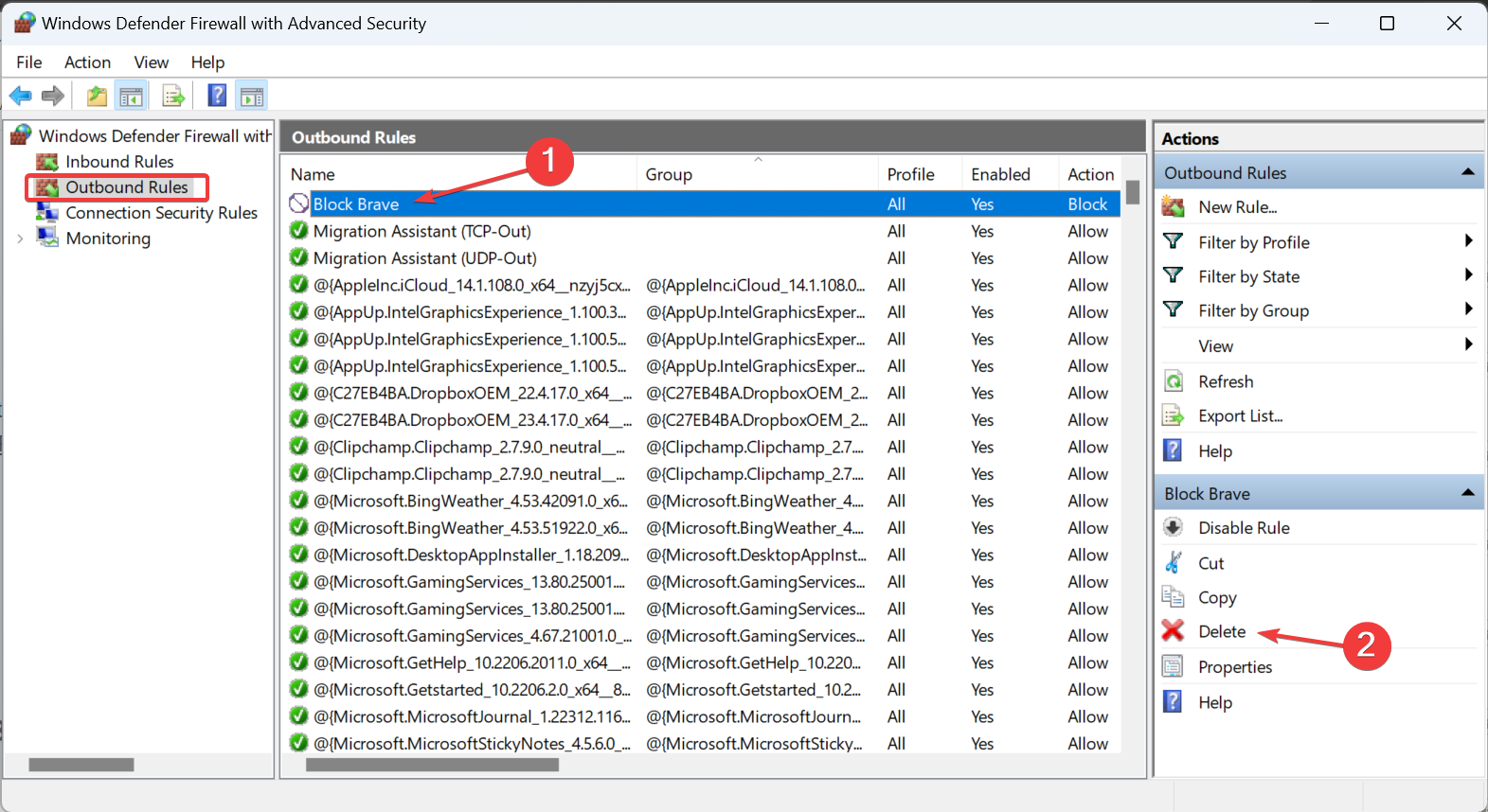 Список правил исходящих подключений в Брандмауэре