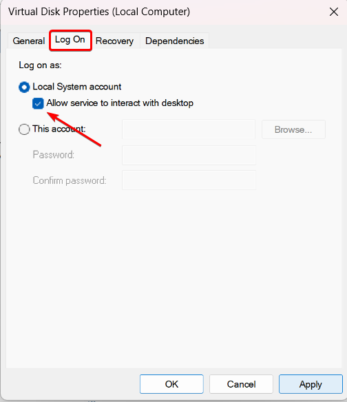 Разрешить взаимодействие службы с рабочим столом