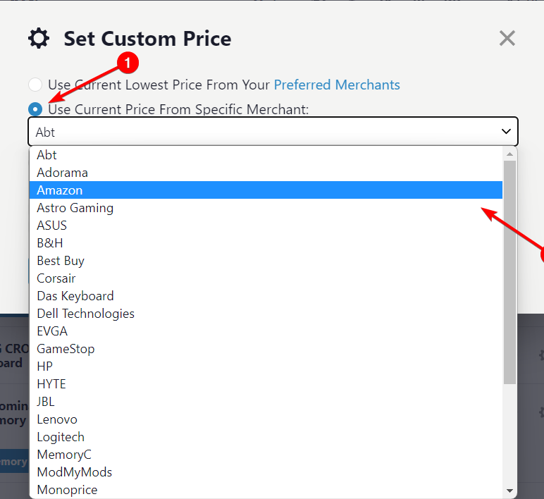 Опция выбора конкретного продавца для установки цены