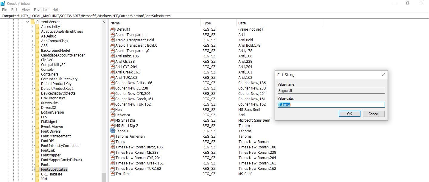 Создание строкового параметра Segoe UI и ввод имени шрифта Tahoma