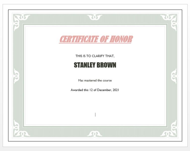 Финально отредактированный сертификат с заполненными полями