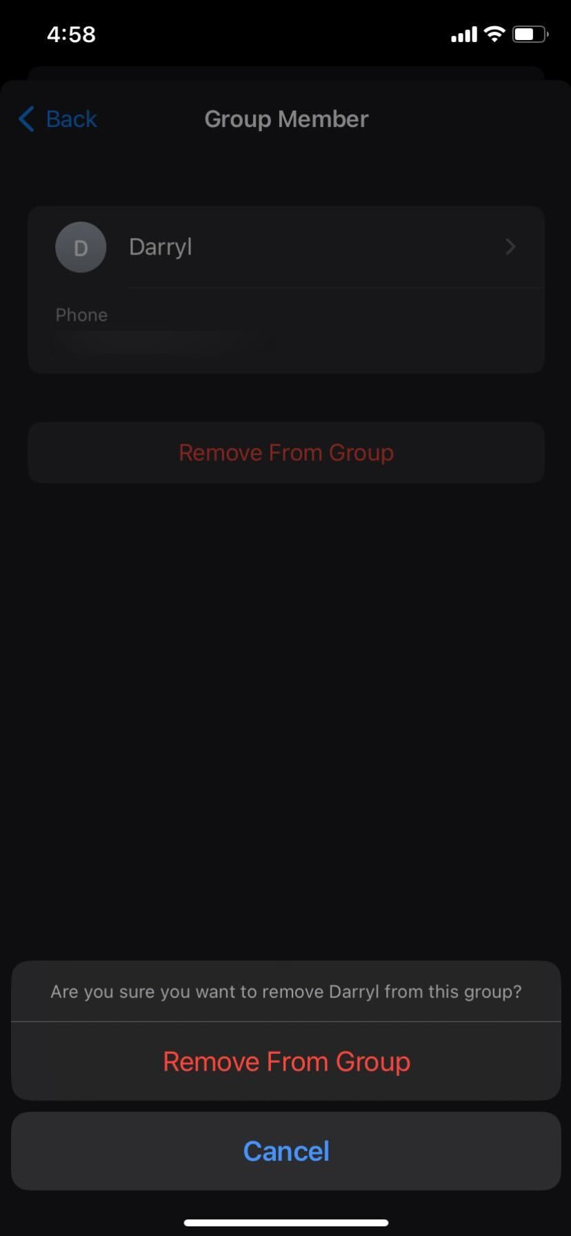 iPhone Shared Group Remove From Group button