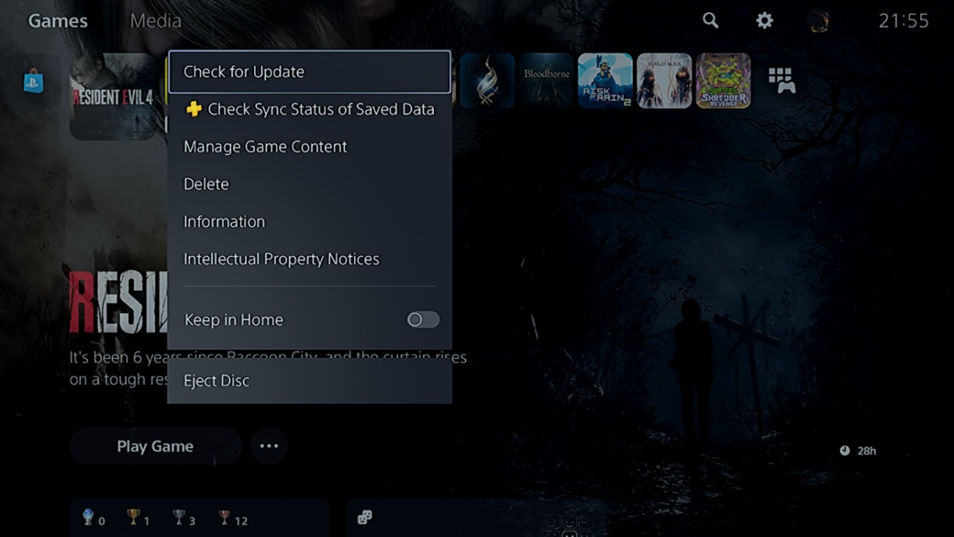 Checking for a game update on PS5.
