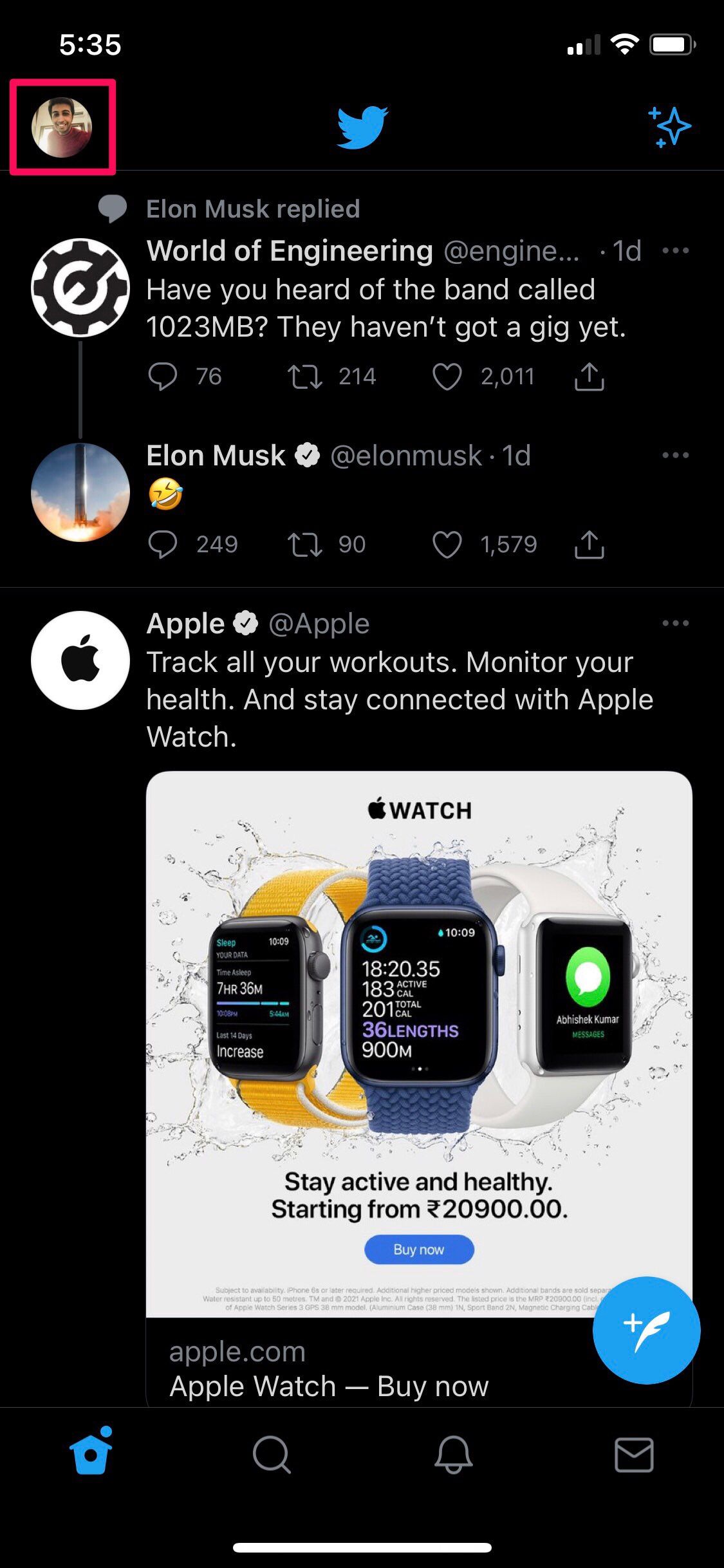 Меню приложения Twitter с аватаркой пользователя