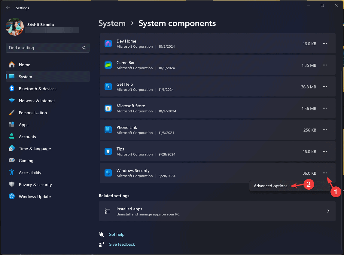 Дополнительные параметры компонента Windows Security