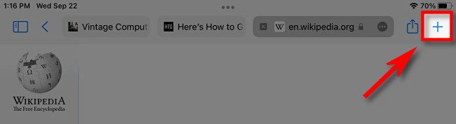 В Safari на iPad с компактной панелью вкладок нажмите кнопку плюс, чтобы открыть поле для поиска