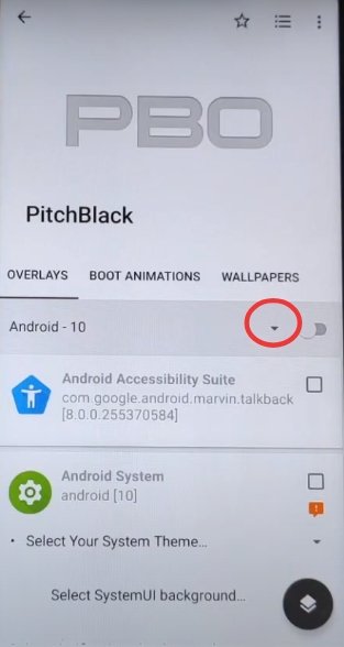 Выбор версии Android (Android 10) в вкладке Overlay Substratum